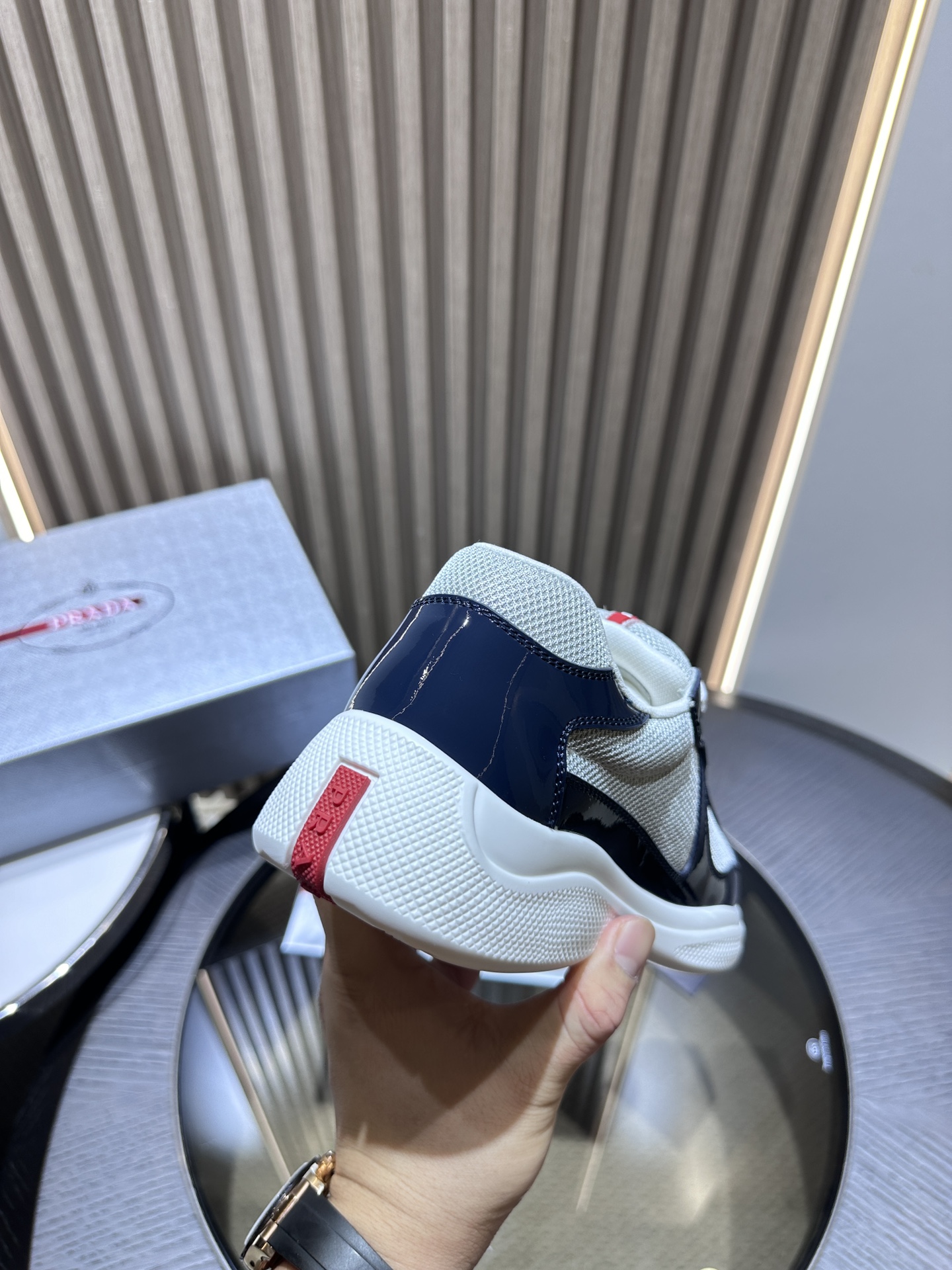 PRADA Silver-Blue Patent Leather Lace-Up Sneakers – Low-Top, Durable & Stylish