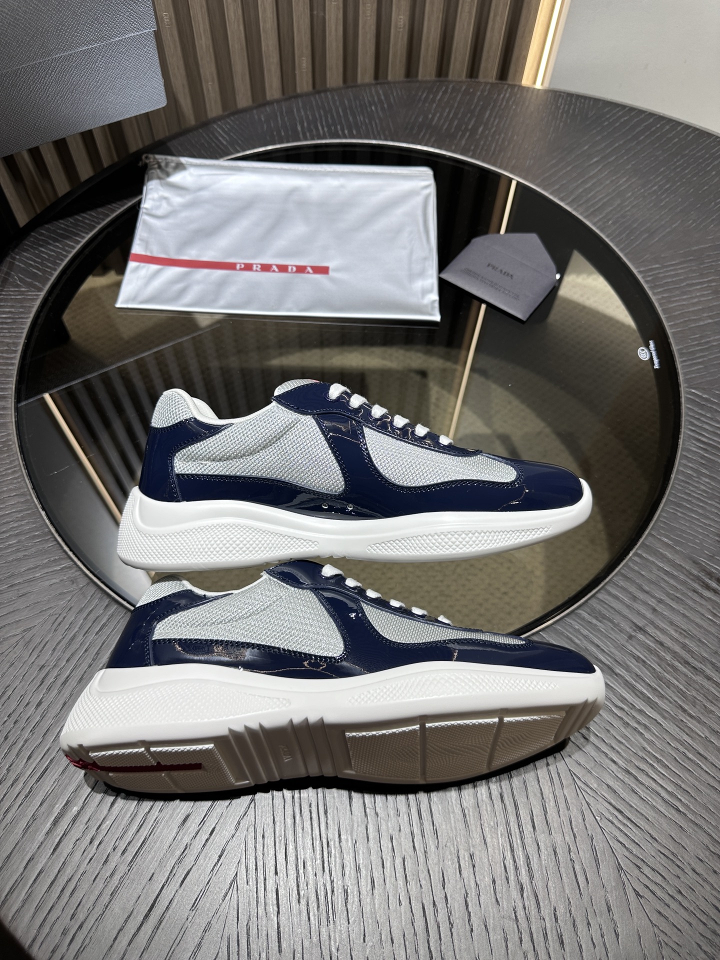 PRADA Silver-Blue Patent Leather Lace-Up Sneakers – Low-Top, Durable & Stylish